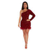 Fall/Winter Slash Shoulder Long Sleeve Sequin Feather Bodycon Party Dress