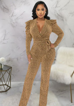 Women'S Sexy Slim Waist V Neck Puff Sleeve Shiny Knitting Jumpsuit Women'S Sexy Slim Waist V Neck Puff Sleeve Shiny Knitting Jumpsuit