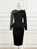 Elegant Patchwork Beaded High Waist Slim Fit Party Dress