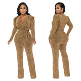 Women'S Sexy Slim Waist V Neck Puff Sleeve Shiny Knitting Jumpsuit