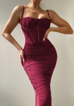 Strap Dress Women'S Fall Sexy Low Back Tight Fitting Chic Slim Waist Pleated Long Dress Strap Dress Women'S Fall Sexy Low Back Tight Fitting Chic Slim Waist Pleated Long Dress