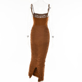 Strap Dress Women'S Fall Sexy Low Back Tight Fitting Chic Slim Waist Pleated Long Dress
