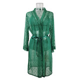 Sexy Mesh See-Through Pajama Long Robe Bra Panty Four-Piece Set