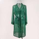 Sexy Mesh See-Through Pajama Long Robe Bra Panty Four-Piece Set