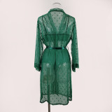 Sexy Mesh See-Through Pajama Long Robe Bra Panty Four-Piece Set