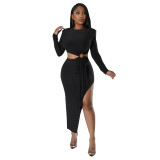 Women'S Fall Round Neck Sexy Open Waist Slit Irregular Dress