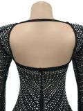 Fashion Women'S Rhinestone Beaded Mesh See-Through Long-Sleeve Backless Evening Party Long Dress