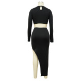 Women'S Fall Round Neck Sexy Open Waist Slit Irregular Dress