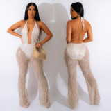 Women'S Fashion Sequined Tassel Mesh Halter Backless Nightclub Jumpsuit