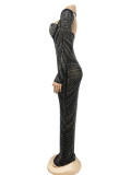 Fashion Women'S Rhinestone Beaded Mesh See-Through Long-Sleeve Backless Evening Party Long Dress