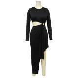 Women'S Fall Round Neck Sexy Open Waist Slit Irregular Dress