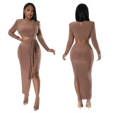 Women'S Fall Round Neck Sexy Open Waist Slit Irregular Dress