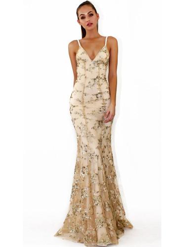 Women'S Straps Evening Dress V-Neck Low Back Sequin Tie Gown
