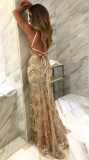 Women'S Straps Evening Dress V-Neck Low Back Sequin Tie Gown
