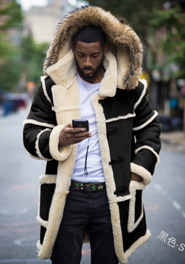 Men'S Side Pocketsolid Patchwork Casual Slim Fit Turndown Collar Hooded Winter Jacket
