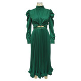 Fall Women Puff Sleeve Top And Ruffled Pleated Skirt Two-Piece Set
