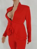 Women'S Solid Color Ruffled Deep V Top And Trousers Two-Piece Suit