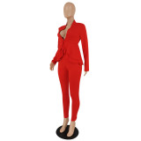 Women'S Solid Color Ruffled Deep V Top And Trousers Two-Piece Suit