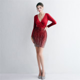 WomenElegant velvet Long Sleeve Sequins V Neck Mini Evening Dress