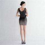 WomensElegant Gradient Sequins V Neck Mini Evening Dress