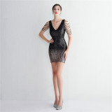 WomensElegant Gradient Sequins V Neck Mini Evening Dress