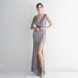 WomenElegant Sequins V Neck SlitEvening Dress