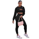 Women Solid Stretch Ribbed Long Sleeve Tank Tops Three-Piece