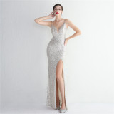 WomenElegant Sequins V Neck Backless SlitEvening Dress