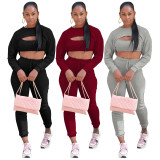 Women Solid Stretch Ribbed Long Sleeve Tank Tops Three-Piece