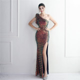 Plus Size Women Elegant Sequin One Shoulder Slit Evening Dress