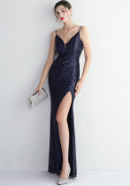 WomenElegant Sequins V Neck Backless SlitEvening Dress