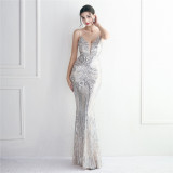 WomenElegant Sequin Backless Fishtail Evening Dress