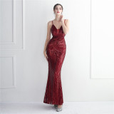 WomenElegant Sequin Backless Fishtail Evening Dress