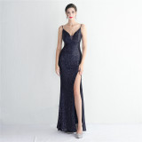 WomenElegant Sequins V Neck Backless SlitEvening Dress