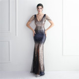 WomenElegant Gradient Sequins V Neck Evening Dress