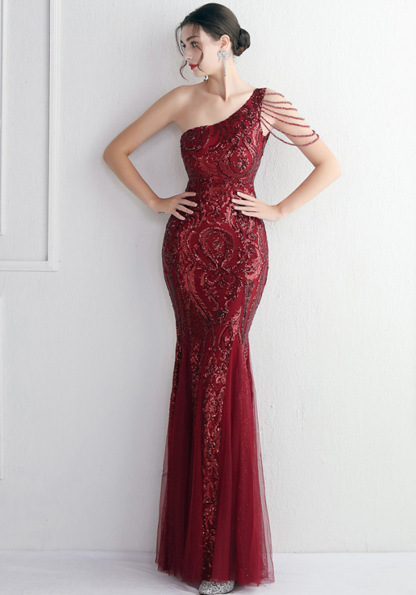 WomenElegant SequinOne Shoulder Evening Dress