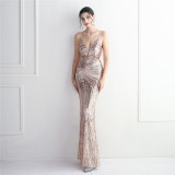 WomenElegant Sequin Backless Fishtail Evening Dress