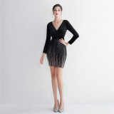 WomenElegant velvet Long Sleeve Sequins V Neck Mini Evening Dress