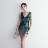 WomensElegant Gradient Sequins V Neck Mini Evening Dress