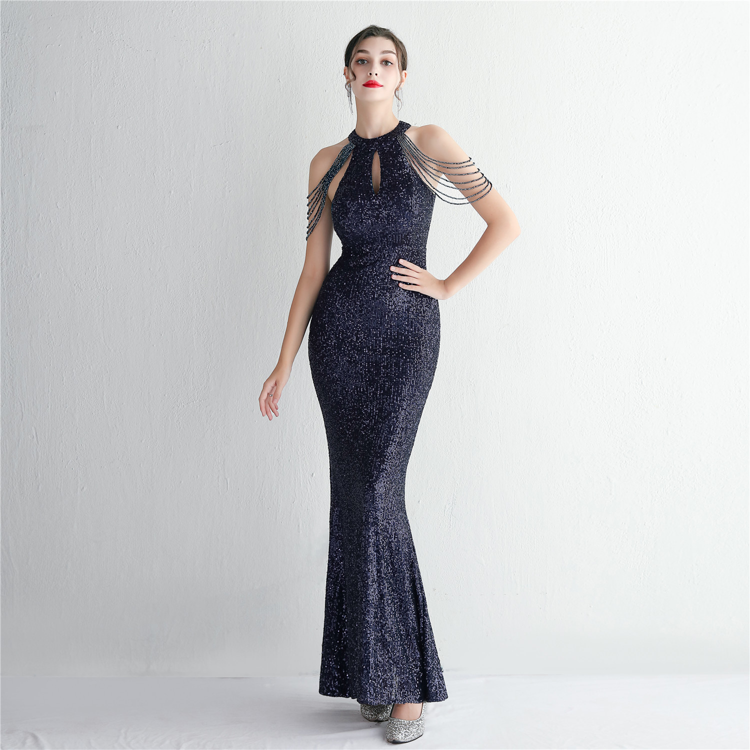 WomenElegant Sequined Halter Neck Evening Dress