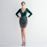 WomenElegant velvet Long Sleeve Sequins V Neck Mini Evening Dress