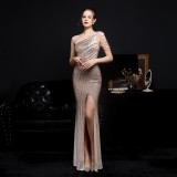 Plus Size Women Elegant Sequin One Shoulder Slit Evening Dress