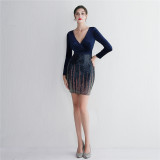 WomenElegant velvet Long Sleeve Sequins V Neck Mini Evening Dress