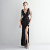 WomenElegant Sequins V Neck SlitEvening Dress
