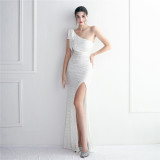 Plus Size Women Elegant Sequin One Shoulder Slit Evening Dress