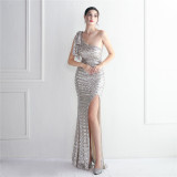 Plus Size Women Elegant Sequin One Shoulder Slit Evening Dress