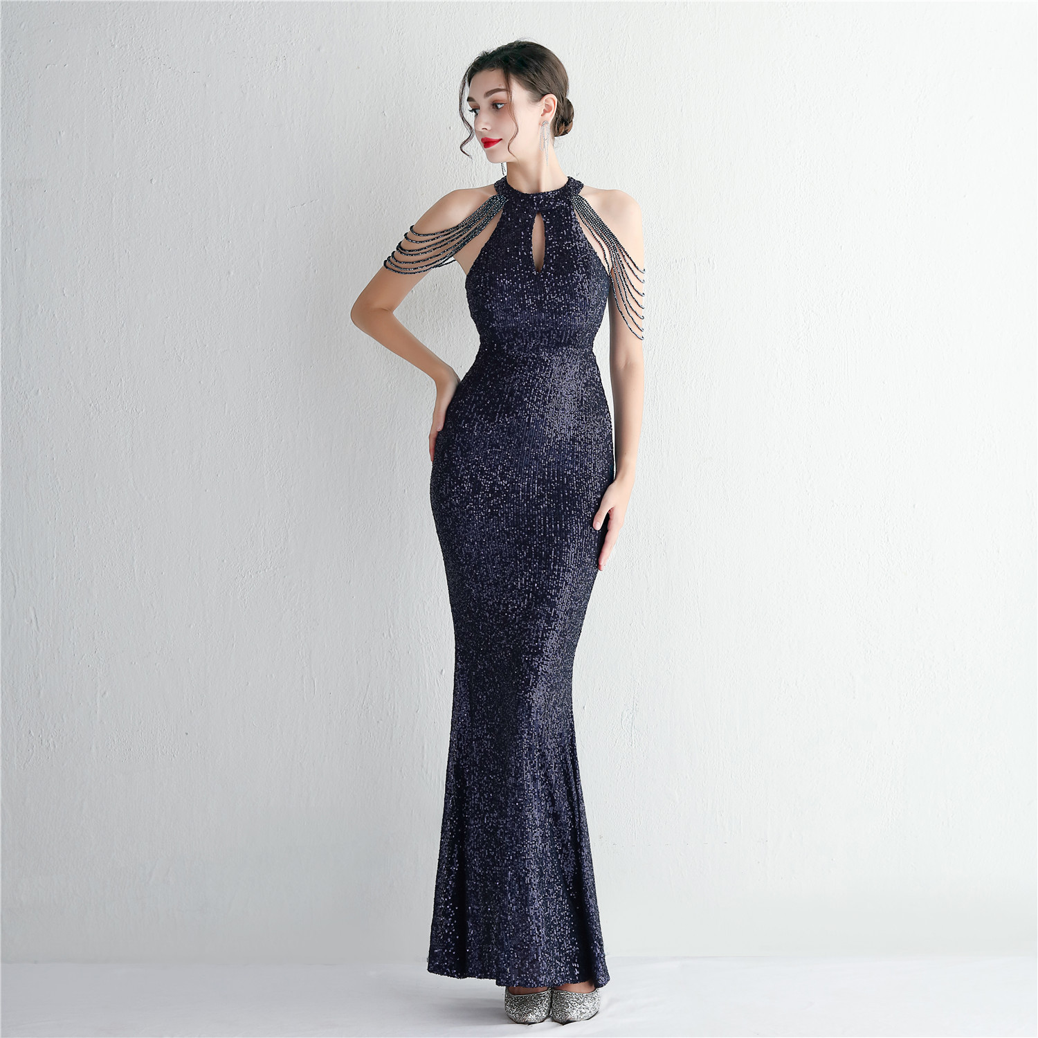 WomenElegant Sequined Halter Neck Evening Dress