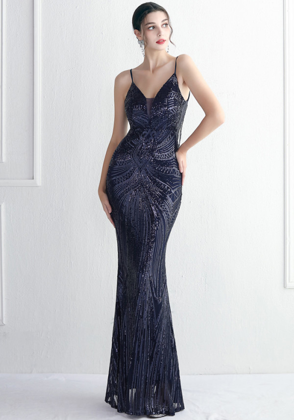 WomenElegant Sequin Backless Fishtail Evening Dress