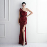 Plus Size Women Elegant Sequin One Shoulder Slit Evening Dress