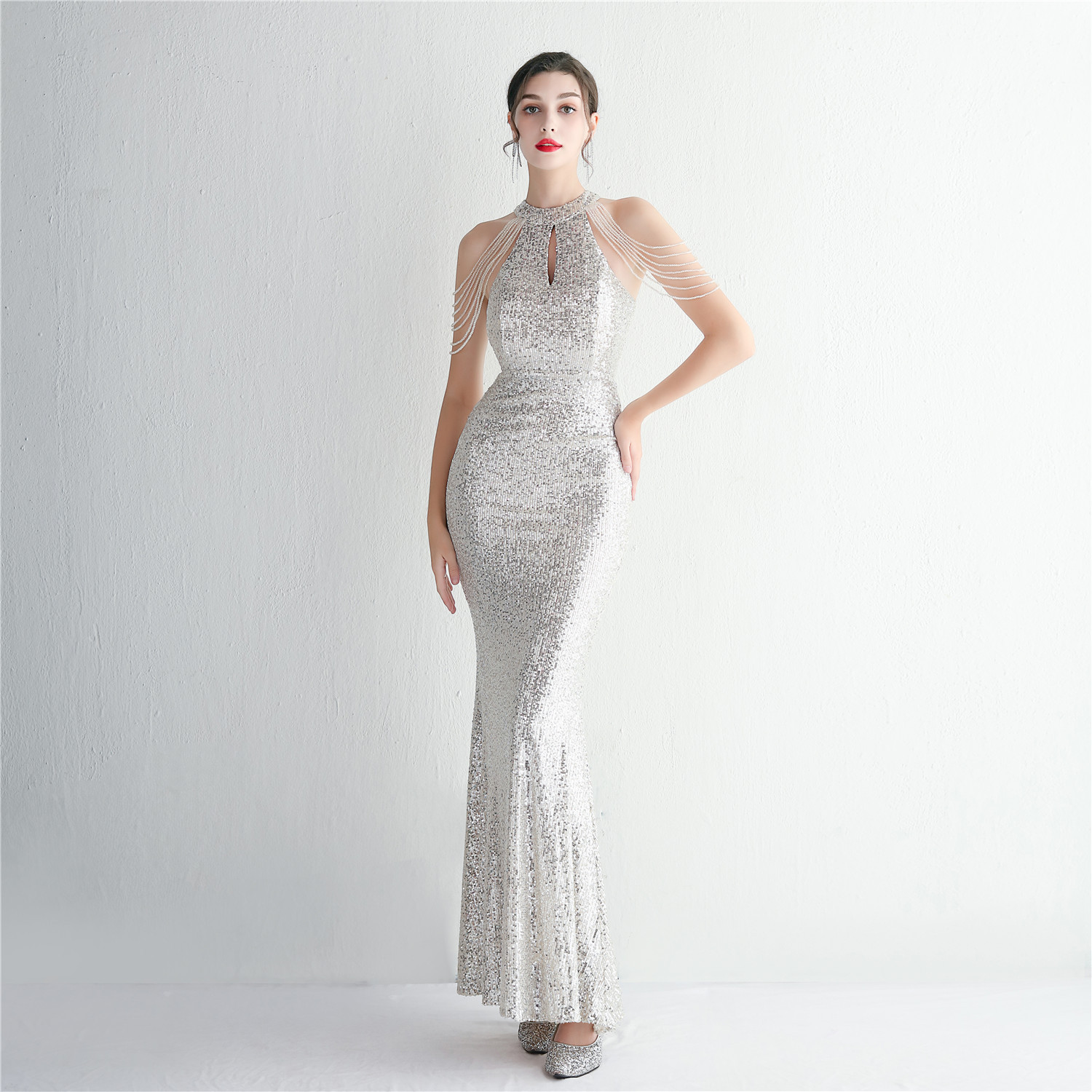 WomenElegant Sequined Halter Neck Evening Dress